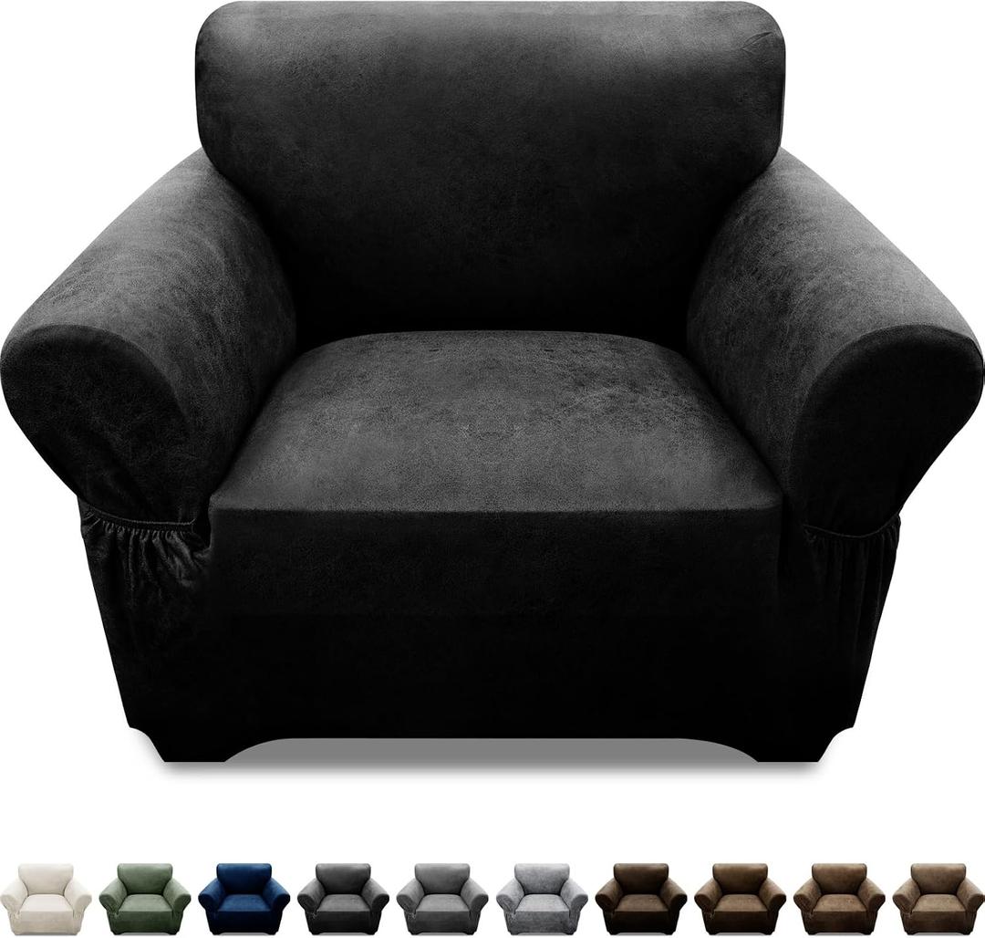 Single Sofa Cover Leather Look Chair Covers for Living Room 1-Piece Sofa Chair Covers with Arms Stretch Furniture Protector with Elastic Bottom & Pockets(Armchair, Black)