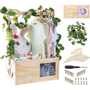 Wooden Baby Shower Crate Closet, Personalized Baby Shower Basket with Wreath & Hanger, Love at First Sight Sonogram Picture Frame, Easy Assembly Baby Clothes Storage Box for Pregnancy Gift
