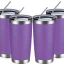 MEWAY 20oz Tumbler 4 Pack Double Wall Vacuum Insulated Travel Mug Bulk, Stainless Steel Tumblers with Lid and Straw, Durable Powder Coated Coffee Cups for Cold & Hot Drinks (Purple, 4)
