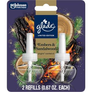 Glade PlugIns Refills Air Freshener, Embers & Sandalwood, Scented and Essential Oils for Home and Bathroom, 0.67 Fl Oz, 2 Count