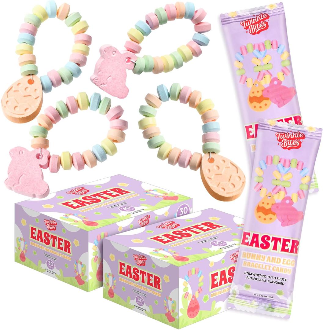 60 Pack Easter Candy Bracelets - Individually Wrapped Holiday Themed Bunny & Egg Bracelets Strawberry And Tutti Frutti Delicious Candys - Bulk Candys Great Use, For Kids, Party Favor, Classrooms, Goodie Bags