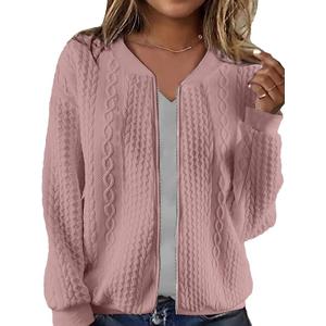 Women's Zip Up Cardigan Sweater Cable Knit Long Sleeve Crewneck Jackets Coat Lightweight Fall Casual Fashion Clothes