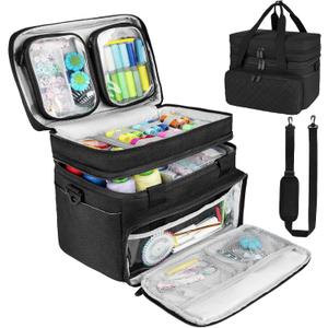Sewing Accessories Organizer Case with Shoulder Strap, Double Layer Sewing Storage Bag with 2 Detachable Pouches for Sewing Accessories and Supplies, Large Travel Sewing Box for Sewing kit Tools, Black