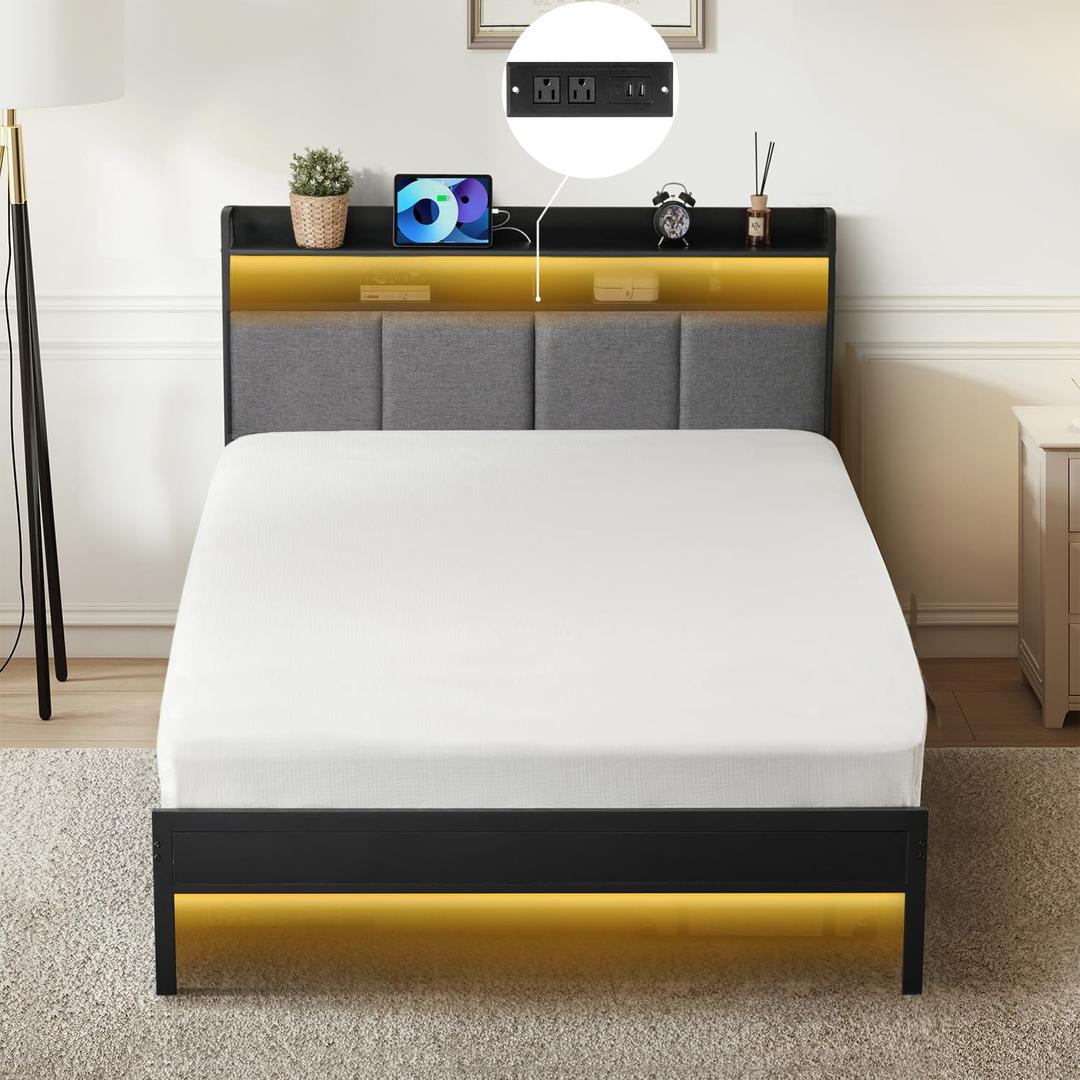 Z-hom Twin Bed Frames, Upholstered Upgraded Metal Bed Frame with LED Lights Headboard & Footboard, Bed Furniture with Charging Station Ports & Storage Shelves, Easy Assembly Bed Frame, Noise Free