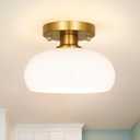 Mid-Century Gold Ceiling Light Fixture - 8 Inch Small Semi Flush Mount Hallway Light with Mini Hand-Blown Milk White Glass Shade,Easy Install Close to Ceiling Lighting for Small Entryway & Kitchen
