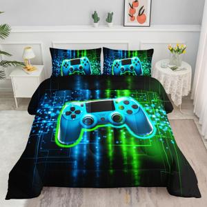 Green Gamepad Comforter Set 3D Gamepad Printed Bedding Set with 1 Comforter and 2 Pillowcases for Boys and Girls Bedroom All Season(Gamepad Twin)