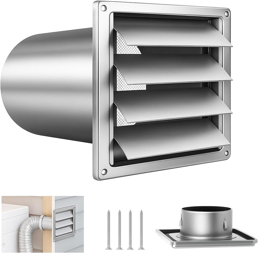 6'' Wall Vent Cover with Extended air Pipe and Metal Mesh Screen, Dryer Exhaust Vent Cover with Louvre,Exterior Exhaust Vent for AC and Range Hood, Includes Mounting Screws