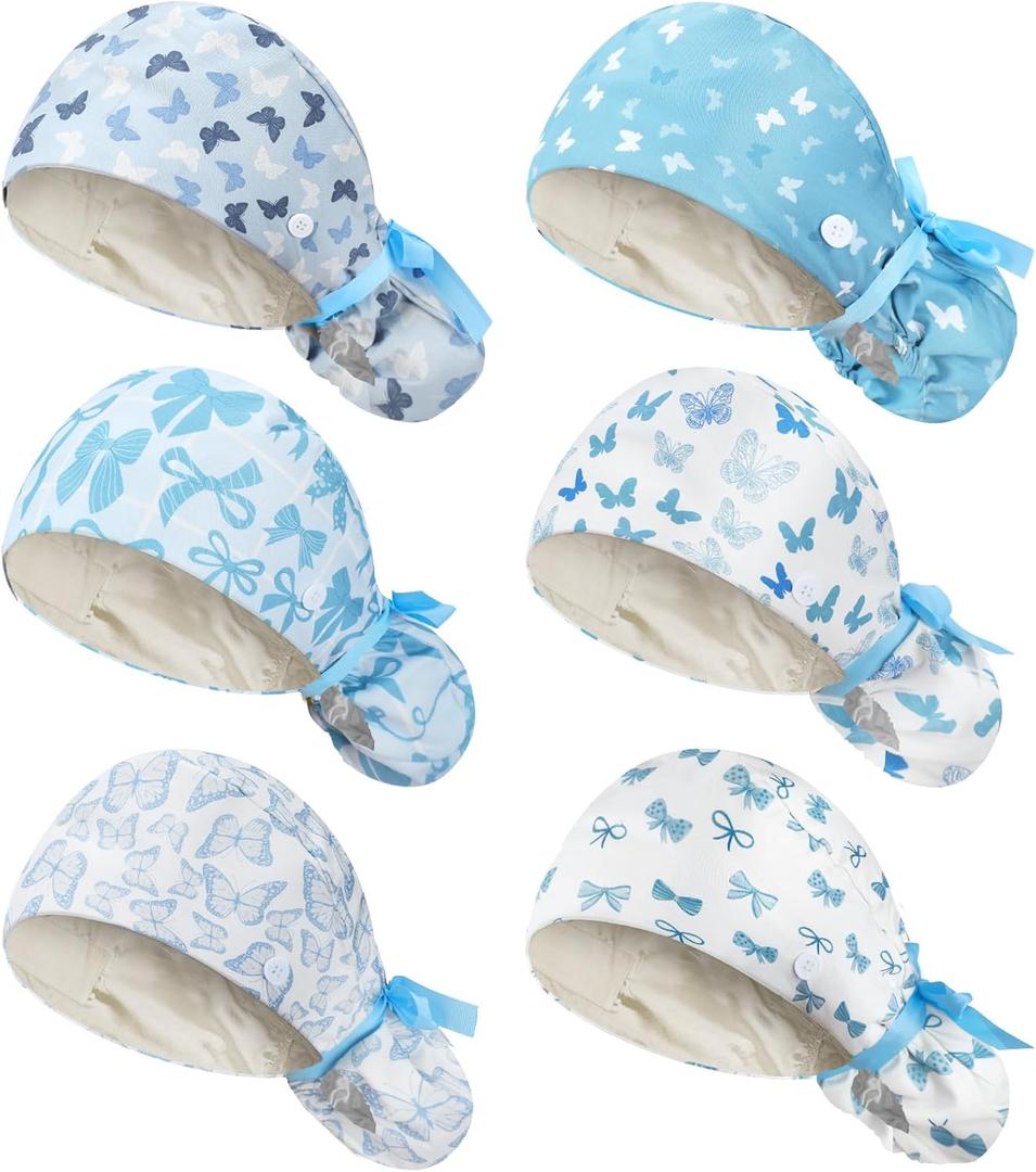 6 Pcs Satin Lined Working Hat Scrub Caps Adjustable Tie Back Bouffant Hats with Button Sweatband for Doctor Nurse (Novelty Color)