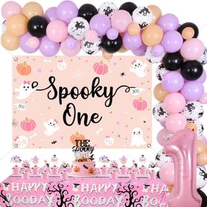 JOYMEMO Halloween 1st Birthday Decorations Girl, Spooky One Backdrop Tablecloth with Pink Purple Halloween Balloon Garland Arch Kit, The Spooky One Cake Topper Cupcake Toppers Party Supplies