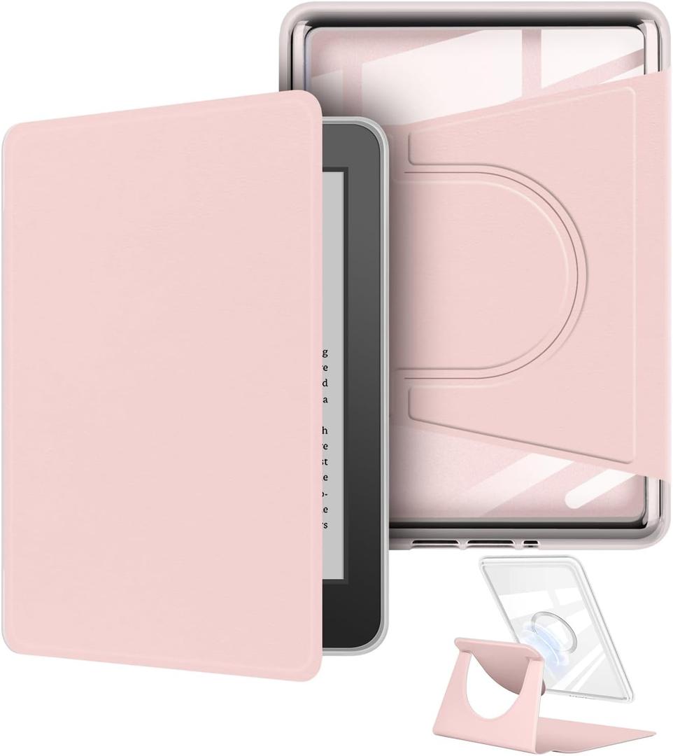 360 Degree Rotating Case for 6.8" Kindle Paperwhite (11th Generation-2021 Release), Detachable Magnetic Design Protective Adjustable Stand Cover Clear Back with Auto Sleep/Wake, Pink
