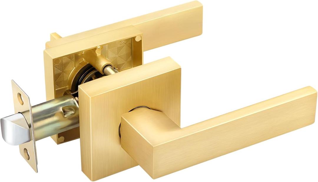 EHOMEWARE Pack of 8 Keyless Interior Door Handles Closet Door Handle in Satin Brass Finish, Passage Door Lever for Hallway and Closet, Passage Door Handle Sets
