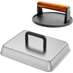 SafBbcue Round Cast Iron Smash Burger Grill Weight Press & Griddle Steamer Melting Dome Basting Cover for Blackstone Flat Top Grills Accessories, 14" Rectangular Stainless Steel Grill Basting Cover