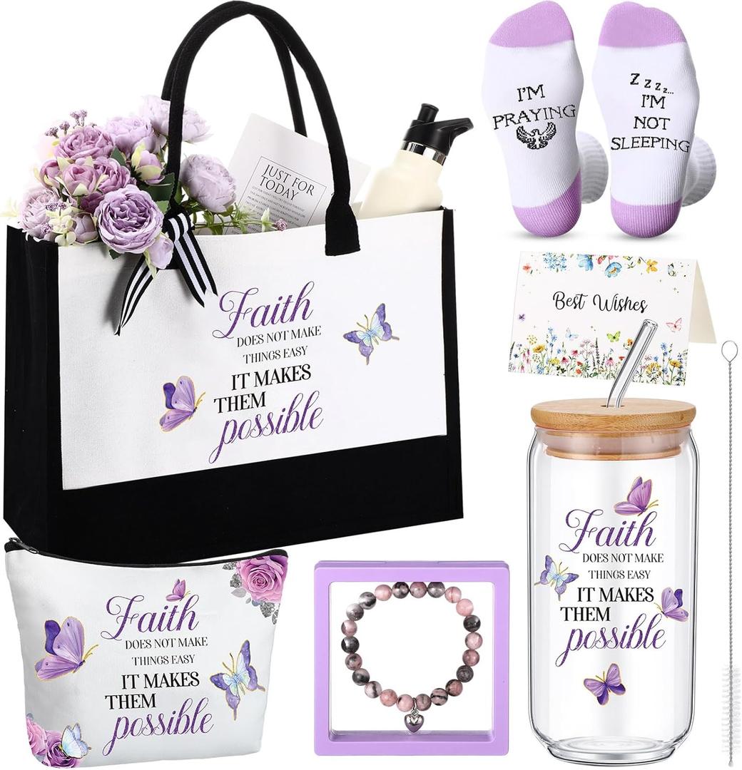 Pickmesh 7 Pack Christian Gifts for Women,Religious Church Gift Set for Mothers Day,Bible Tote Bag, Inspirational Coffee Cup, Christian Socks, Faith Makeup Bag, Stone Bracelet, Greeting Card with Box