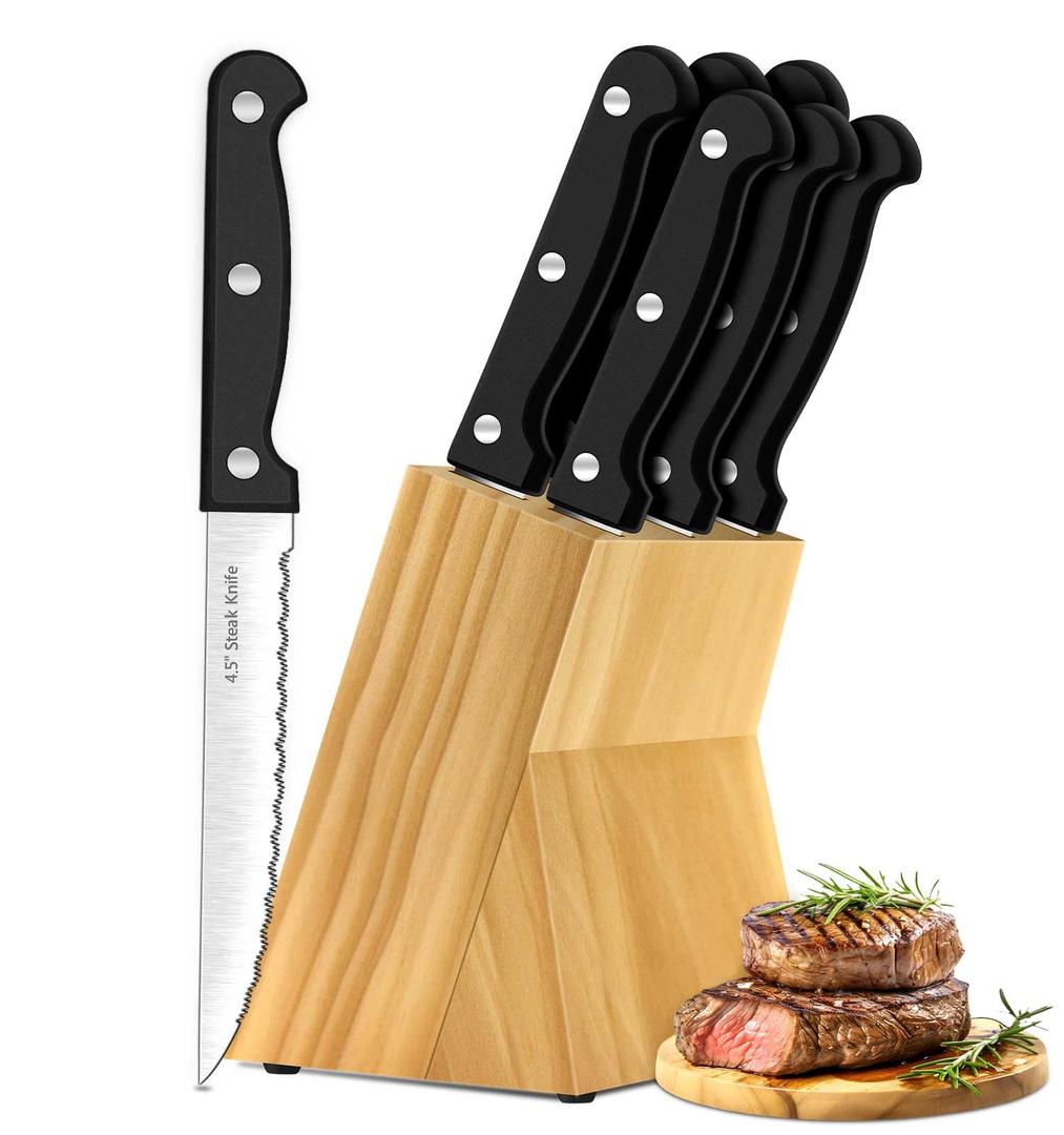 Steak Knives, 7 Pieces Steak Knife Set with Block, High Carbon Stainless Steel, Serrated Silverware Set, Black