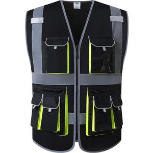 JKSafety 10 Pockets Black Color Safety Vest Zipper Front with High Reflective Strips Meets ANSI/ISEA Standards (88-Black, XX-Large)