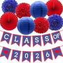 Blue Red Graduation Party Decoration Class Banner Hanging Pom Poms Flowers High School College Grad Supplies
