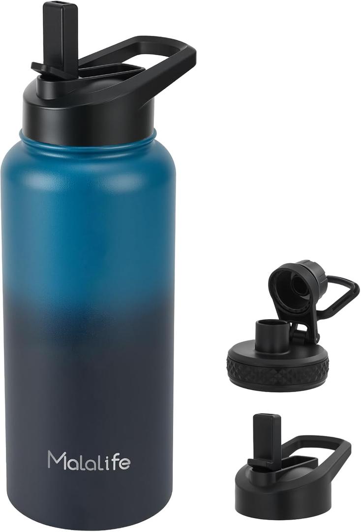 Malalife Water Bottle, Insulated Stainless Steel, 32oz, Dual lids, Keep Cold 24H, Large Flask, Wide Mouth, Double Wall Sport Drink Bottle, Leakproof Spout Lid, Deep Teal & Onyx