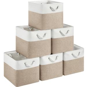 13x15x13 Storage Cube Bins, Heavy Duty Foldable Fabric Storage Bins with Handles and Metal Frame, 6 Pack Large Closet Organizer Bins for Clothes, Socks, Towels, White Khaki