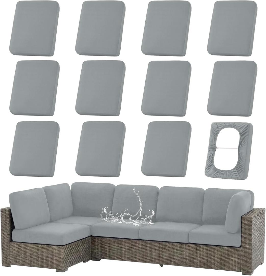 hyha Waterproof Outdoor Cushion Covers for Patio Furniture, Stretch Patio Chair Cushion Slipcovers, Coated UV Resistant Replacement Seat Covers, Solid Color (Grey, 12PC)