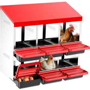 Two-Tier Chicken Nesting Box, 6 Hole Metal Chicken Egg Laying Box with Swing Perch and Rollout Egg Collection for Chicken Coop Red (6 Compartments)