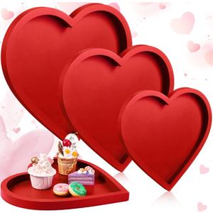 Hushee 3 Pcs Valentine's Day Wooden Serving Tray Red Heart Shaped Plates Heart Wood Serving Dish Trays and Platters for Valentines Day Table Decorations Home Office Food Display, 3 Sizes