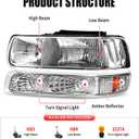 AS Headlight Assembly Compatible with 1999 2000 2001 2002 Chevy Silverado 1500 2500/2000-2006 Suburban 1500HD 2500HD Tahoe Headlamp withChrome Housing Amber Reflector Clear Lens