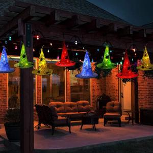 8 PCS Hanging Witch Hats with Remote Battery Operated String Light, Outdoor Waterproof Halloween Decoration Lights, Lighted Spider Hat for Front Porch, Yard, Patio, Garden, Tree, Party Decor