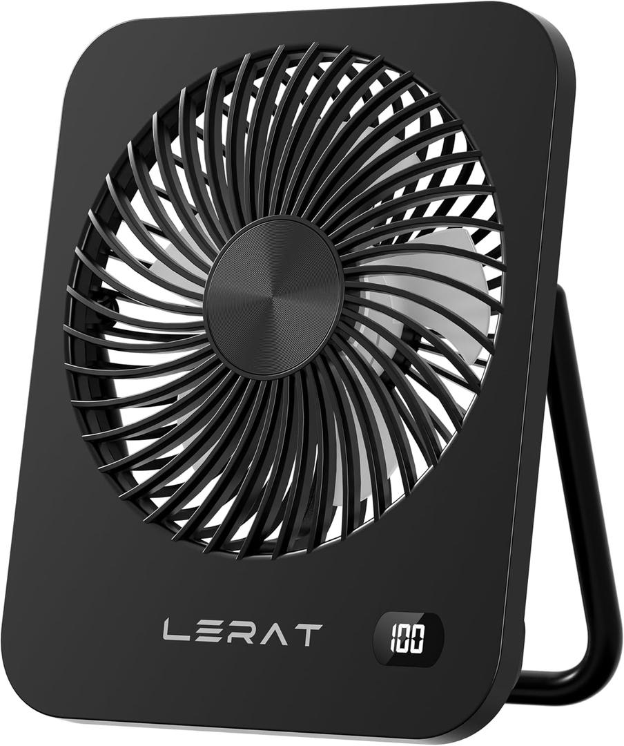 Lerat Portable Desk Fan, Small USB Rechargeable Fan with LED Display, 5-Speed Ultra-Quiet 180° Foldable Mini Fan for Summer Cruise Travel, Cooling Gifts for Women Girls Kids (Black)