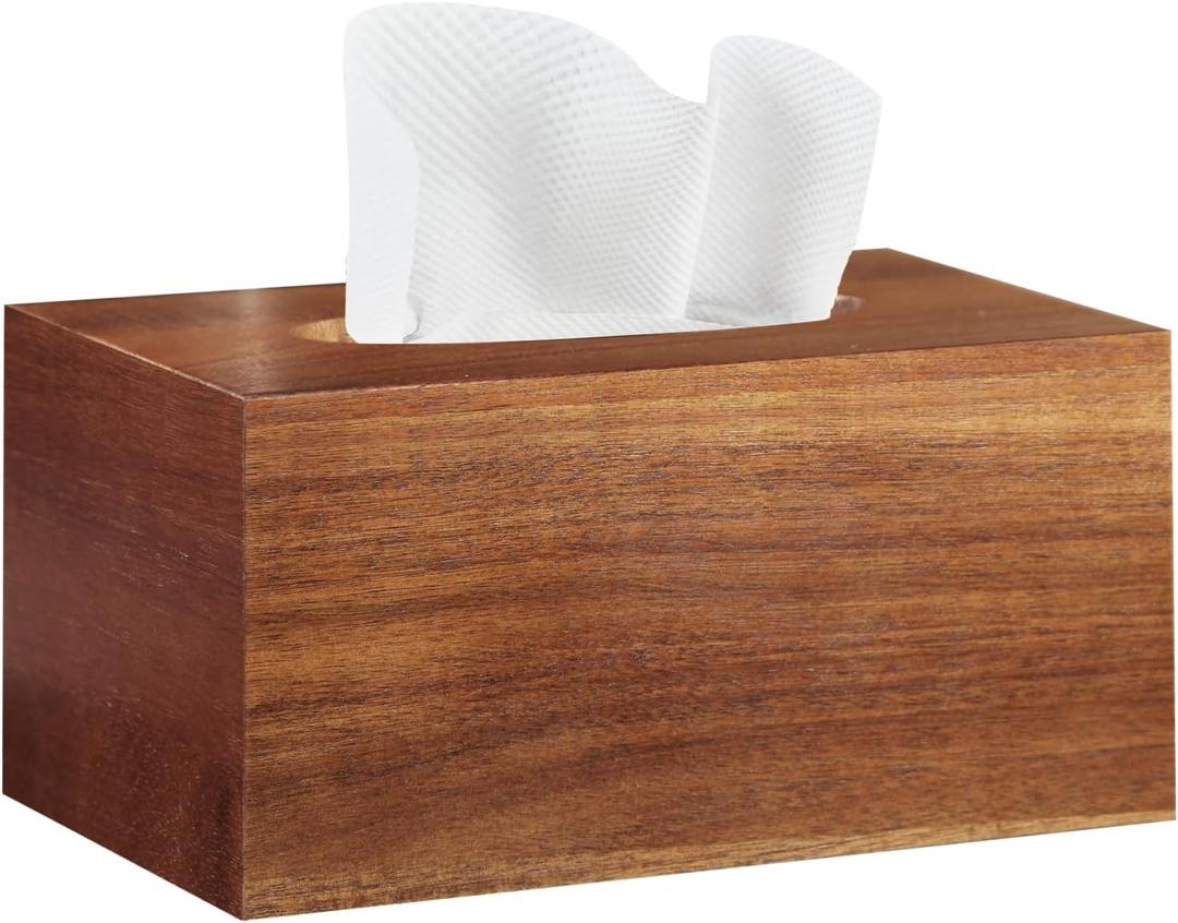 BIBELUN Tissue Box Cover,Acacia Wood Tissue Box Cover Rectangle with Slide-Out Bottom,Wooden Decorative Cube Facial Tissue Holder/Organizer/Dispenser for Bathroom,Office Desk & bedroom Decor (Brown)