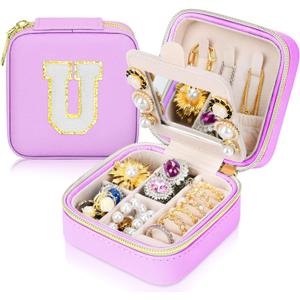 Initial Travel Jewelry Box Case Organizer, Teen Girls Gifts, Small Personalized Preppy Birthday Christmas Gifts for Girls Women Wife, Ring Necklace Earring Organizer Box, Purple U