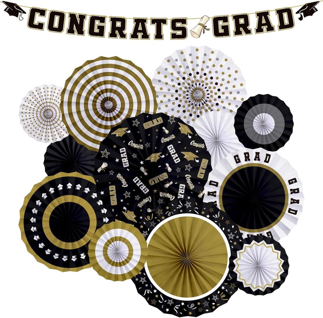 2025 Graduation Party Supplies Kit - Black and Gold -Themed Decorations with Congrats Grad Banner, Graduation Paper Fan for Graduation Party Decorations