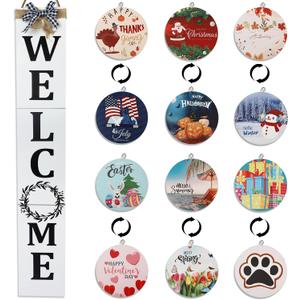 Welcome Sign for Front Porch 47inch,Wooden Interchangeable Vertical Home Wall Decor,Standing and Hanging Farmhouse Outdoor Indoor Decor Welcome Door Sign for Fall Harvest Halloween Christmas (White)