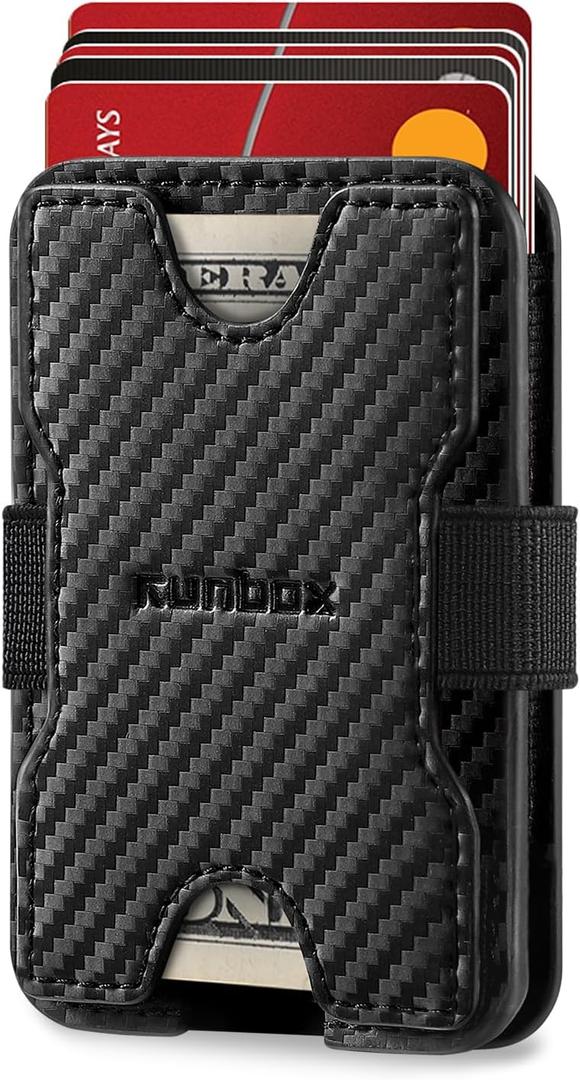 RUNBOX Leather card Holder Wallet for Men and Women, Holds 8+ Cards Plus Cash, RFID Blocking Mens Wallet with Stretchable Cash Band, Massive Capacity Wallet for Front Pocket, Perfect Gifts for Men (01-Carbon Black)