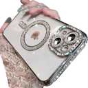 Magnetic Glitter Diamond for iPhone 15 Pro Max Case[Compatible with MagSafe]Sparkle Rhinestone Camera Lens Protector Plated,Crtstal Clear Slim Military Drop Shockproof Cover for Women,Silver