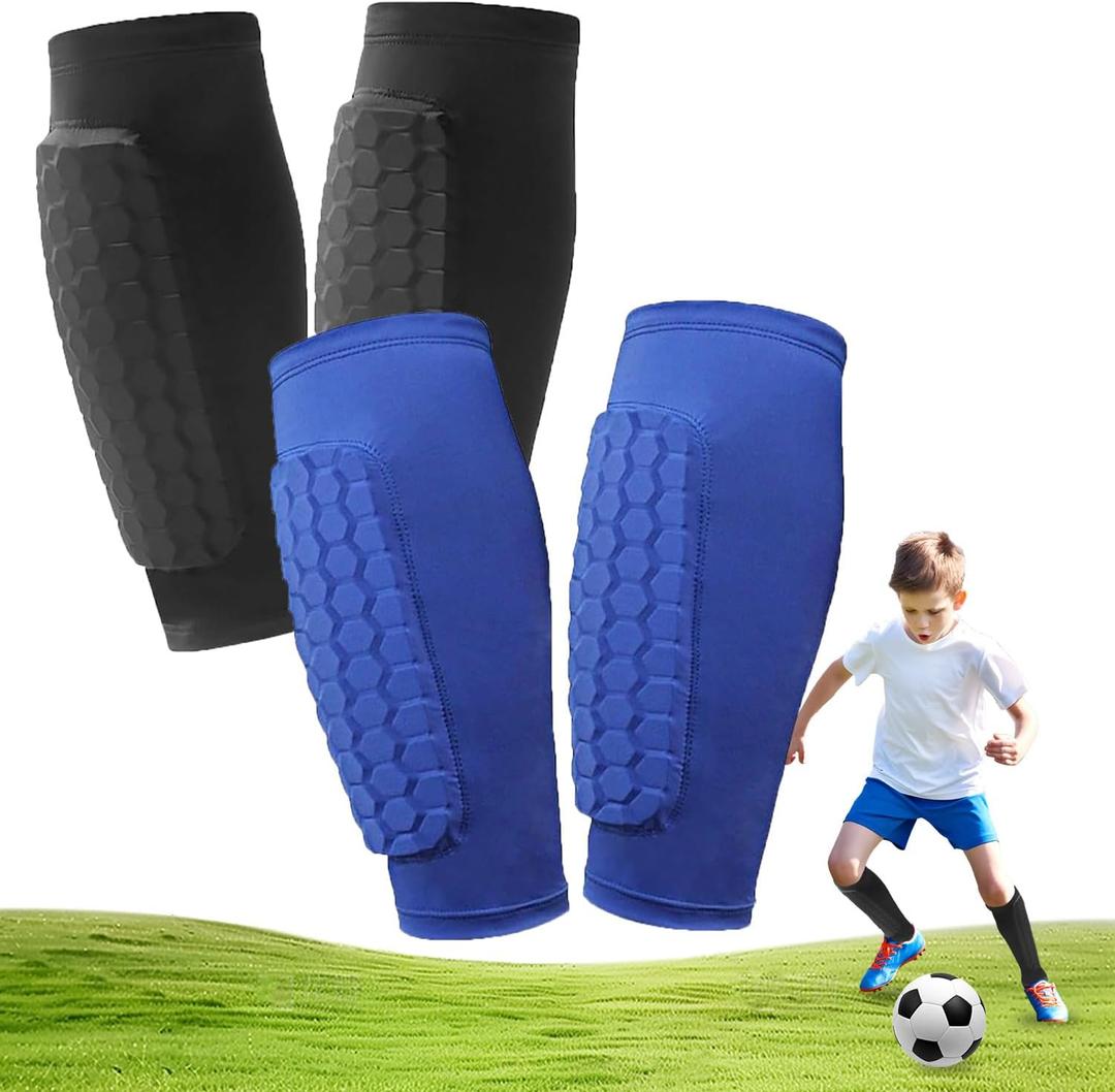 2 Pairs Soccer Shin Guards, Shin Guards Soccer Kids Youth Adult Calf Compression Sleeve with Honeycomb Pads Lightweight Calf Protective Gear for Football & Baseball Boxing MTB for Boys, Girls (Small, Black+Blue)