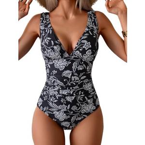 Eomenie One Piece Swimsuit for Women Tummy Control Plunge V Neck Bathing Suit Slimming Wide Straps Swimwear Large, Black White Print  Eomenie One Piece Swimsuit for Women Tummy Control Plunge V Neck Bathing Suit Slimming Wide Straps Swimwear Large, Black White Print