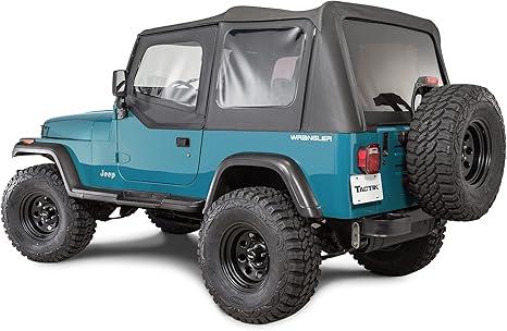 TACTIK Fabric Only Replacement Soft Top - Fits Jeep Wrangler 1988-1995 YJ - Custom-Fit Fabric Roof with Removable Side and Back Window (With Door Skins, Black Diamond)