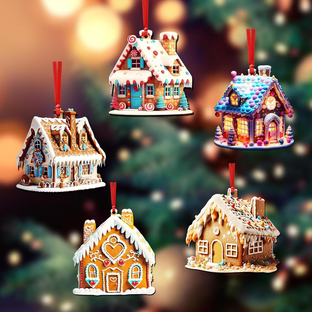 5 Pieces Gingerbread House Ornaments Christmas Tree Hanging Ornament Gingerbread Hanging Ornaments Decorations for Xmas Holiday Set A