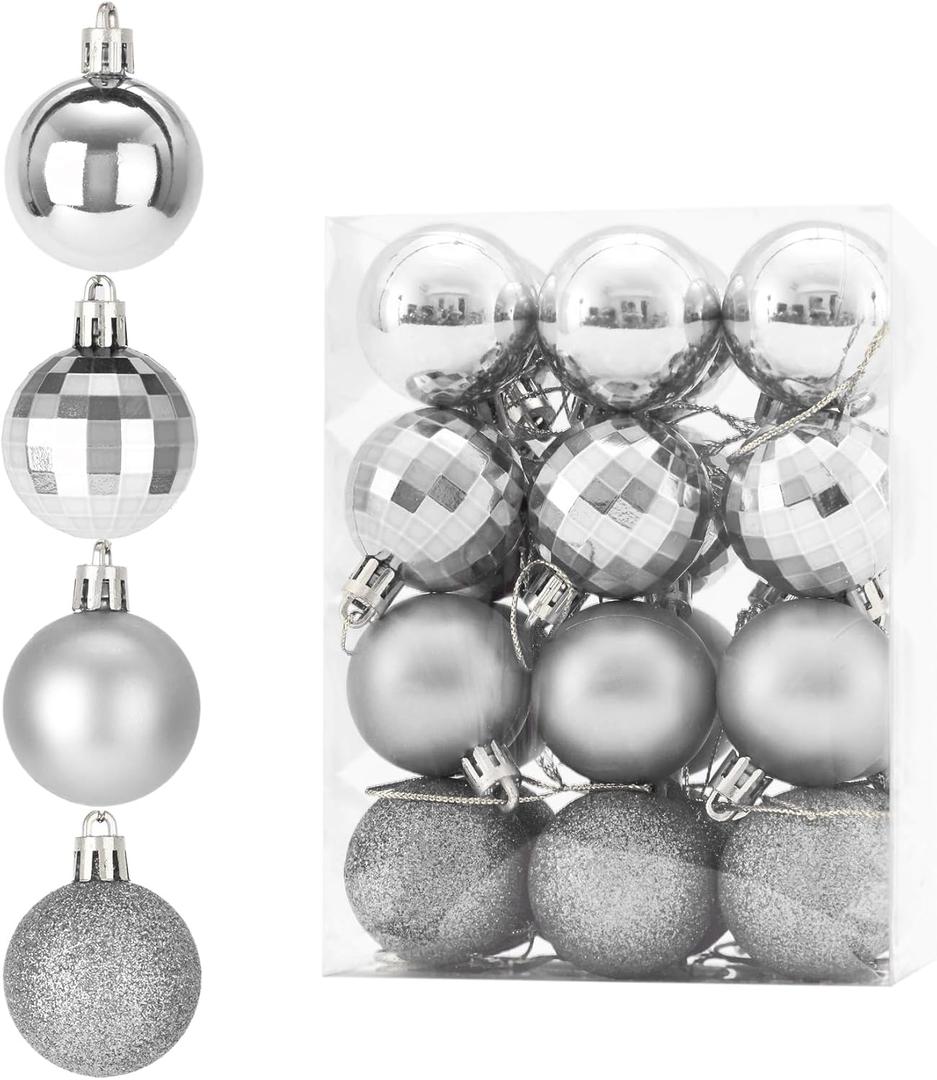 Christmas Ball 24ct 1.57 Inches Silver Mini Xmas Hanging Ornaments for Trees Wreath Garland Wedding Party Home Office Shop Decorations