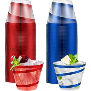Gejoy 9 oz Rimmed Swirl Plastic Cups Disposable Wine Drinking Cups Clear Elegant Halloween Tumblers for Christmas Party Supplies(Red, Blue,100 Pcs)