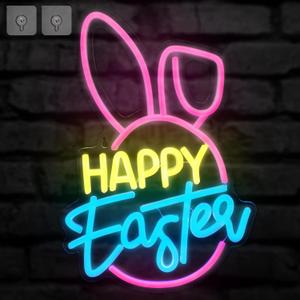 Baquler Happy Easter Neon Sign Easter Festival Lighted Window Decorations LED Aesthetic Living Room Decor Rabbit Decorative Neon Window Lights for Girls Kids Bedroom Wall Home