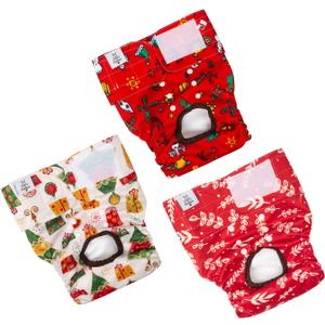 CuteBone Christmas Dog Diapers Female Washable Small Medium Large 3 Pack Reusable Doggie Diapers Puppy Period Pants for Doggy Heat Cycle Peeing D34L