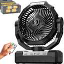 Battery Operated Fan [200H Max], 2 IN 1 D-Cell Battery & USB Powered Fans, Portable Camping Fan with 4 Speeds, Light, Timer, Remote for Outdoor Tent, Travel, Picnic, Office, Bedroom - Black