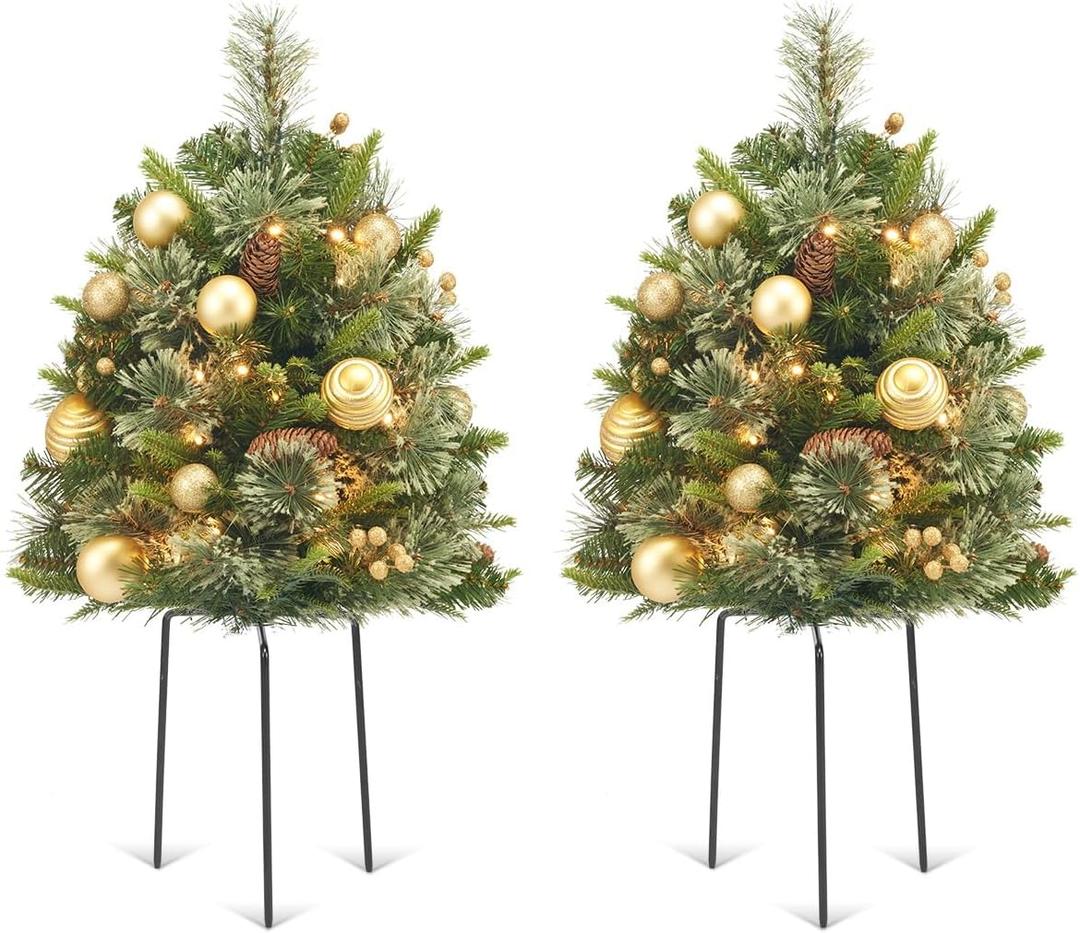 30 Inch Mini Christmas Tree Urn Filler 2 Set, Battery Operated Pre-Lit Artificial Small Xmas Tree, w/ 50 LED Lights and Realistic Carolina Pine for Pathway, Porch, Yard (Gold)