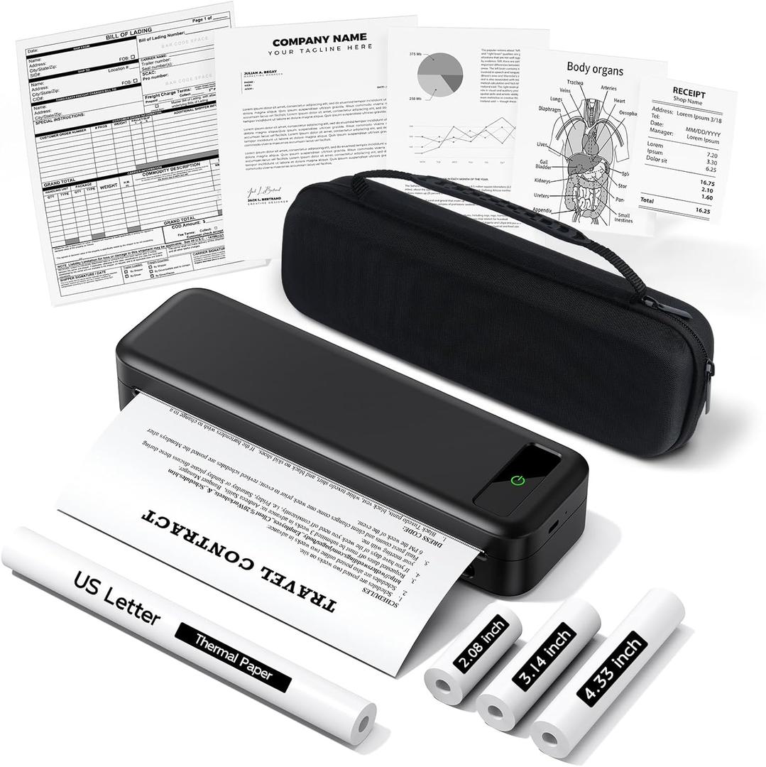 Portable Printers Wireless for Travel, A285M Bluetooth Inkless Thermal Printer Support 8.5" X 11" US Letter, Mobile Printer for Phone Laptop, with Case & 4 Rolls Thermal Paper, for Home Office Receipt
