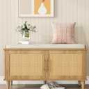 Akxomel Natural Rattan Shoe Storage Bench with Cushion, Entryway Shoe Cabinet Bench with 2 Doors, 15"D x 39.4"W x 20"H, Wooden Shoe Organizer, Adjustable Shelf, Solid Wood Legs, for Hallway, Bedroom