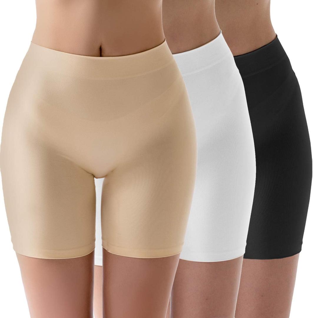 MELERIO Women's Slip Shorts, Comfortable Boyshorts Panties, Anti-chafing Spandex Shorts for Under Dress (20-22, 3 Pack(black, White, Beige))