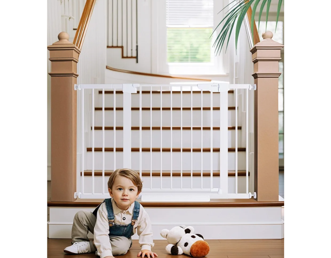 Cumbor 29.7-48" Baby Gate for Stairs, Mom's Choice Awards Winner-Dog Gates for Doorways, Auto Close Safety Pet Gate for Dogs Indoor, Easy Install Pressure Mounted Child Gate with Walk Thru Door, White