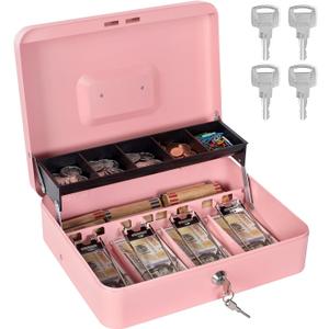 Cash Box with Money Tray and Lock, Metal Money Box for Cash Register, Large Cash Lock Box for Money Safe Includes 5 Slots Coin Tray, 4 Bill Slots, 4 Keys, 11.8" x 9.4" x 3.54" Pink
