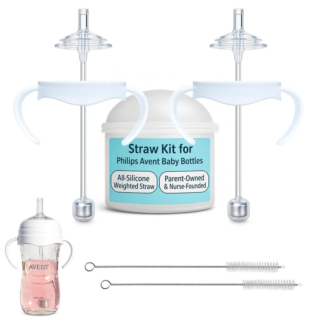 Straw Cup Conversion Kit for Philips Avent Natural Baby Bottles 2-Count, Food Grade Silicone Straw Nipples and Weighted Straw, Bottle Handles, Cleaning Brush, BPA-Free, Sippy Transition, 6+ Months